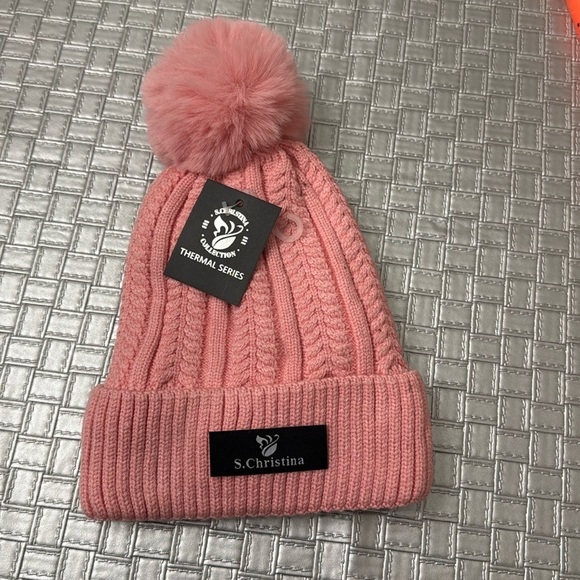 S.Cristina pink Pom Pom Knit Thermal Fleece Snow Ski Cap - Picture 2 of 6